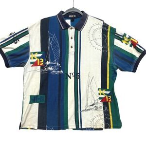 Keeler Bay Nautical Sailing Polo Shirt Mens Medium Multicolor Cotton Vintage